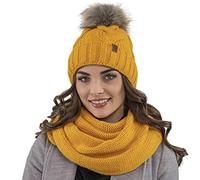 VIVISENCE Bonnet Femme Et Écharpe pour L'automne Et l'hiver À Pompon Cache-Cou Ensemble Classique en Fils Chauds avec Doublure en Polaire Parfait pour Les Journées Froides 7014, Marron,Taille Unique