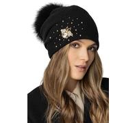 VIVISENCE Bonnet Femme pour L'automne Et l'hiver Chapeau Élégant Fait Main en Laine avec Pompon Amovible Doublure Polaire Décoration Brodée Unique Idée Cadeau 7079, Noir,Taille Unique