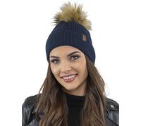 VIVISENCE Bonnet pour Femme Automne Et Hiver Classique Et Élégant avec Pompon en Fausse Fourrure Doux Antistatique Parfait pour Les Jours Froids Et comme Cadeau 7042, Bleu Foncé,Taille Unique
