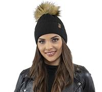 VIVISENCE Bonnet pour Femme Automne Et Hiver Classique Et Élégant avec Pompon en Fausse Fourrure Doux Antistatique Parfait pour Les Jours Froids Et comme Cadeau 7042, Noir,Taille Unique