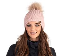 VIVISENCE Bonnet pour Femme Automne Hiver À Pompon Classique Élégant pour Femme Fabriqué À Partir De Matériaux Écologiques avec Pompon en Fourrure Artificielle Doux Et, Rose Clair,Taille Unique