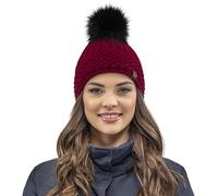 VIVISENCE Bonnet pour Femme Automne Hiver À Pompon Classique Élégant pour Femme Fabriqué À Partir De Matériaux Écologiques avec Pompon en Fourrure Artificielle Doux Et Durable, Bordeaux,Taille Unique