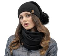 VIVISENCE Bonnet pour Femme Et Cache Cou L'automne Et l'hiver avec Pompon Tricoté en Acrylique Ensemble Élégant Écologique Idéal avec Patch en Cuir Taille Universelle 70105Kmpl, Noir,Taille Unique