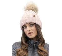 VIVISENCE Bonnet pour Femme L'automne Et l'hiver À La Mode avec Pompon en Fourrure Écologique Ajusté avec Doublure Polaire Chaude Et Écusson Éco-Cuir pour Les Froides Journées, Rose,Taille Unique