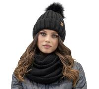 VIVISENCE Bonnet pour Femme L'automne Et l'hiver Ensemble À La Mode avec Pompon en Fausse Fourrure Et Cache-Cou Pliable Doublé Polaire avec Patch en Cuir Écologique en Fil Chaud, Noir,Taille Unique