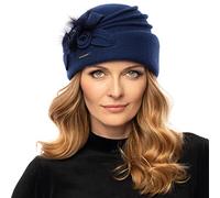 VIVISENCE Bonnet Toque Femme Automne Hiver Classique Et Élégant Fabriqué À La Main en Laine avec Perles Et Fourrure De Renard Idéal pour Les Froides Journées 7058, Bleu Foncé,Taille Unique