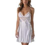 Vivisence Chemise de nuit femme Satin Dentelle Bretelles Réglables Elégant 2038, Blanc,M