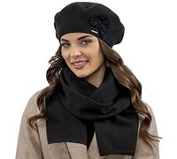 VIVISENCE Ensemble Béret Et Écharpe pour Femme Automne Et Hiver en Laine Style Classique Élégant avec Application Florale Idéal pour Les Froides Journées Cadeau Parfait 7036Kmpl, Noir,Taille Unique