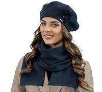 VIVISENCE Ensemble Béret Et Écharpe pour Femme Automne Et Hiver en Laine Style Classique Élégant avec Application Florale Idéal pour Les Froides Journées Cadeau Parfait, Bleu Foncé,Taille Unique