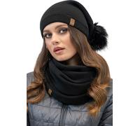 Vivisence Ensemble de bonnets à la mode pour femmes avec pompon écologique et tissu tricoté à double pli et écharpe avec boucle, idéal pour les jours d'hiver froids, noir, taille unique