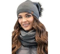Vivisence Ensemble de bonnets à la mode pour femmes avec pompon écologique et tissu tricoté à double pli et écharpe assortie avec boucle, idéal pour les jours d'hiver froids, graphite, taille unique