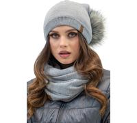 Vivisence Ensemble de bonnets à la mode pour femmes avec pompon écologique et tissu tricoté à double pli et écharpe assortie avec boucle, idéal pour les jours d'hiver froids, gris clair, taille unique