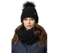 Vivisence Ensemble d'hiver pour femmes Bonnet avec pompon en fourrure écologique et boucle chauffante Echarpe Perfect Fit avec doublure en laine polaire antistatique Idéal par temps froid, noir, taill