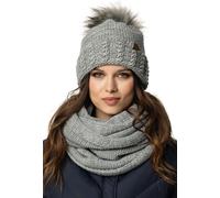 Vivisence Ensemble d'hiver pour femmes Bonnet avec pompon en fourrure écologique et boucle chauffante Echarpe Perfect Fit avec doublure en laine polaire antistatique Idéal par temps froid, gris clair,