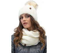 Vivisence Ensemble d'hiver pour femmes Bonnet avec pompon en fourrure écologique et boucle chauffante Echarpe Perfect Fit avec doublure en laine polaire antistatique Idéal par temps froid, Ecru, taill
