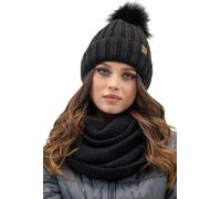 Vivisence Ensemble femme tendance Chapeau avec Fourrure artificielle et écharpe en fil chaud Doublure polaire antistatique, s'adapte parfaitement Logo en Idéal pour, noir, taille unique