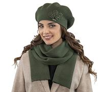VIVISENCE Femme Béret Et Écharpe pour L'automne Et l'hiver Ensemble en Laine avec Application Florale Style Classique Confortable Et Élégant Parfait pour Lhiver Cadeau 7006Kmpl, Vert,Taille Unique
