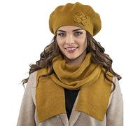 VIVISENCE Femme Béret Et Écharpe pour L'automne Et l'hiver Ensemble en Laine avec Application Florale Style Classique Confortable Et Élégant Parfait pour Lhiver Cadeau 7006Kmpl, Miel,Taille Unique