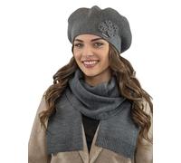 VIVISENCE Femme Béret Et Écharpe pour L'automne Et l'hiver Ensemble en Laine avec Application Florale Style Classique Confortable Et Élégant Parfait pour Lhiver Cadeau, Gris Foncé,Taille Unique
