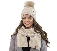 VIVISENCE Femme Bonnet Et Écharpe pour L'automne Et l'hiver À Pompon Chauds Doublés De Polaire Anti-Statique Idéal pour Les Hommes Élégants Parfait pour Froides Journées 7015Kmpl, Beige,Taille Unique