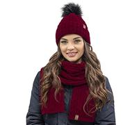 VIVISENCE Femme Bonnet Et Écharpe pour L'automne Et l'hiver À Pompon Chauds Doublés De Polaire Anti-Statique Idéal pour Les Hommes Élégants Parfait pour Froides Journées, Bordeaux,Taille Unique