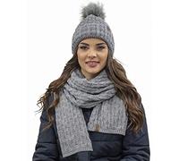 VIVISENCE Femme Bonnet Et Écharpe pour L'automne Et l'hiver À Pompon Chauds Doublés De Polaire Anti-Statique Idéal pour Les Hommes Élégants Parfait pour Froides Journées, Gris Clair,Taille Unique
