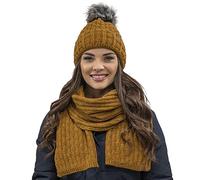 VIVISENCE Femme Bonnet Et Écharpe pour L'automne Et l'hiver À Pompon Chauds Doublés De Polaire Anti-Statique Idéal pour Les Hommes Élégants Parfait pour Froides Journées, Jaune Foncé,Taille Unique