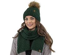 VIVISENCE Femme Bonnet Et Écharpe pour L'automne Et l'hiver À Pompon Chauds Doublés De Polaire Anti-Statique Idéal pour Les Hommes Élégants Parfait pour Froides Journées 7015Kmpl, Vert,Taille Unique