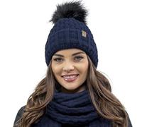VIVISENCE Femme Bonnet pour L'automne Et l'hiver Doux avec Pompon en Fausse Fourrure Fil Chaleureux Ajustement Parfait Doublure Polaire pour l'hiver Ski Et Activités, Bleu Foncé,Taille Unique
