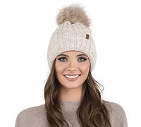 VIVISENCE Femme Bonnet pour L'automne Et l'hiver Doux avec Pompon en Fausse Fourrure Fil Chaleureux Ajustement Parfait Doublure Polaire pour l'hiver Ski Et Activités Extérieures, Beige,Taille Unique