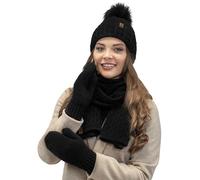VIVISENCE Femme Ensemble Bonnet Pompon Écharpe Moufles Chaud Hiver Élégant, Noir,Taille Unique