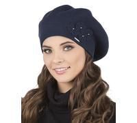 VIVISENCE Femme Le Béret pour L'automne Et l'hiver Élégant Style Classique Ajustement Parfait Orné d'une Application Florale Mélange Chaud De Laine Idéal pour Et Cadeau, Bleu Foncé,Taille Unique