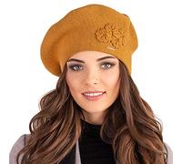 VIVISENCE Femme Le Béret pour L'automne Et l'hiver Élégant Style Classique Ajustement Parfait Orné d'une Application Florale Mélange Chaud De Laine Idéal pour Et Cadeau Élégant, Miel,Taille Unique
