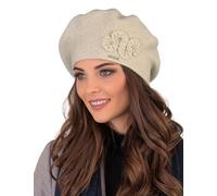 VIVISENCE Femme Le Béret pour L'automne Et l'hiver Élégant Style Classique Ajustement Parfait Orné d'une Application Florale Mélange Chaud De Laine Idéal pour Et Cadeau Élégant, Beige,Taille Unique