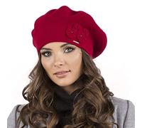 VIVISENCE Femme Le Béret pour L'automne Et l'hiver Élégant Style Classique Ajustement Parfait Orné d'une Application Florale Mélange Chaud De Laine Idéal pour Et Cadeau Élégant, Rouge,Taille Unique