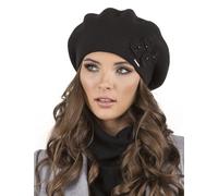 VIVISENCE Femme Le Béret pour L'automne Et l'hiver Élégant Style Classique Ajustement Parfait Orné d'une Application Florale Mélange Chaud De Laine Idéal pour Et Cadeau Élégant, Noir,Taille Unique