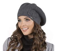 VIVISENCE Femme Le Béret pour L'automne Et l'hiver Élégant Style Classique Ajustement Parfait Orné d'une Application Florale Mélange Chaud De Laine Idéal pour Et Cadeau, Gris Foncé,Taille Unique