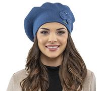 VIVISENCE Femme Le Béret pour L'automne Et l'hiver Élégant Style Classique Ajustement Parfait Orné d'une Application Florale Mélange Chaud De Laine Idéal pour Et Cadeau Élégant, Bleu,Taille Unique