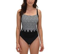 Vivisence Maillot de Bain Femme Une Pièce Cache Ventre Bonnets Rembourrés Larges Bretelles Réglables Doublé Devant Motif Coloré Idéal Pour La Plage Et La Piscine, Noir-Blanc,80C