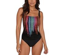 Vivisence Maillot de bain une pièce pour femme couvrant le ventre Bonnets rembourrés Larges bretelles réglables Devant doublé Motif coloré Idéal pour la plage et la piscine, noir - multicolore,80C