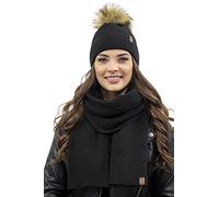 VIVISENCE pour Femme Ensemble Bonnet Et Écharpe Automne Et Hiver Modèle Élégant Classique en Acrylique avec Pompon Doux Cadeau Parfait pour Les Froids Jours 7042Kmpl, Noir,Taille Unique