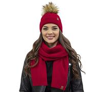 VIVISENCE pour Femme Ensemble Bonnet Et Écharpe Automne Et Hiver Modèle Élégant Classique en Acrylique avec Pompon Doux Cadeau Parfait pour Les Froids Jours 7042Kmpl, Rouge,Taille Unique