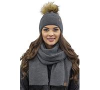 VIVISENCE pour Femme Ensemble Bonnet Et Écharpe Automne Et Hiver Modèle Élégant Classique en Acrylique avec Pompon Doux Cadeau Parfait pour Les Froids Jours 7042Kmpl, Gris Foncé,Taille Unique