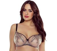 VIVISENCE Soutien-Gorge Non-Rembourré Femme Élégant en Tulle avec Broderies Contraste Baleines Bretelles Réglables Maille Beige Dos Agrafes Réglables pour Ajustement Optimal 1072, Beige-Noir,115D
