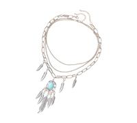 VIVIWI Lot de 2 Colliers Pendentif Plume Vintage Pierres Turquoise pour Elégant Superposition Style Clavicule Chaîne