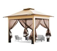 VIVOHOME Tente Écran Tonnelle Pliante Portable résistant à l'eau Barnum Pavillon de Jardin avec Moustiquaire 2 Portes à Fermeture Éclair et Sac Roulant (Beige & Marron, 3x3 m)