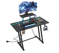 VIVOLILV Bureau Gaming LED - Table Gaming avec Prise Electrique - Porte Gobelet - Crochet pour Casque - Noir