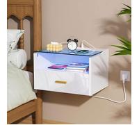 VIVOLILV Table de Chevet murale avec Prise et LED - 1 tiroir 1 niche - Blanc - 42x30x24.5cm