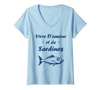 Vivre d'amour et de sardines Humour Sardine T-Shirt avec Col en V