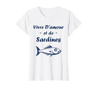 Vivre d'amour et de Sardines Humour Sardine T-Shirt, Femme, Blanc, S